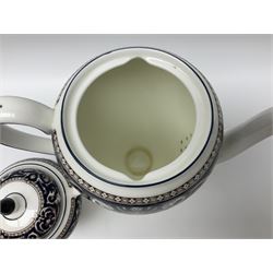 Wedgwood navy Florentine pattern coffee service for six, comprising coffeepot, coffee cans and saucers, milk jug, twin handled covered sucrier and small dish