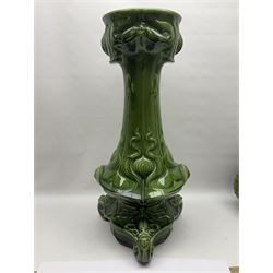 Jardiniere and stand, the jardiniere modelled as a pale, the stand with foliate and foliage decoration on a green ground, stand H73cm 