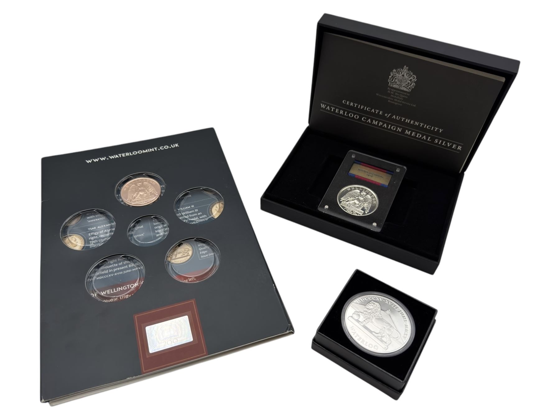 Worcestershire Medal Service medals and coins, comprising 'The Waterloo Campaign Medal', silver encapsulated with ribbon in case with certificate of authenticity, 'Duke of Wellington Medal' boxed with certificate of authenticity, and one Battle of Waterloo coin