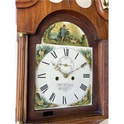 An oak and mahogany longcase clock by William Hewson, Lincoln c 1860, with a swans neck pediment, ball and spire finials and brass paterae, break arch hood door flanked by reeded pilasters with brass capitals, oak trunk with canted corners and a short oak door with mahogany crossbanding, conforming plinth with applied skirting, fully painted dial with Roman numerals, minute track and subsidiary seconds dial, matching brass stamped hands and winding collets, depiction of a  sportsman to the break arch and corresponding game birds to the spandrels, dial pinned directly to an eight-day rack striking movement with a recoil anchor escapement, striking the hours on a bell. Original casemakers label pasted to the inside of the case 