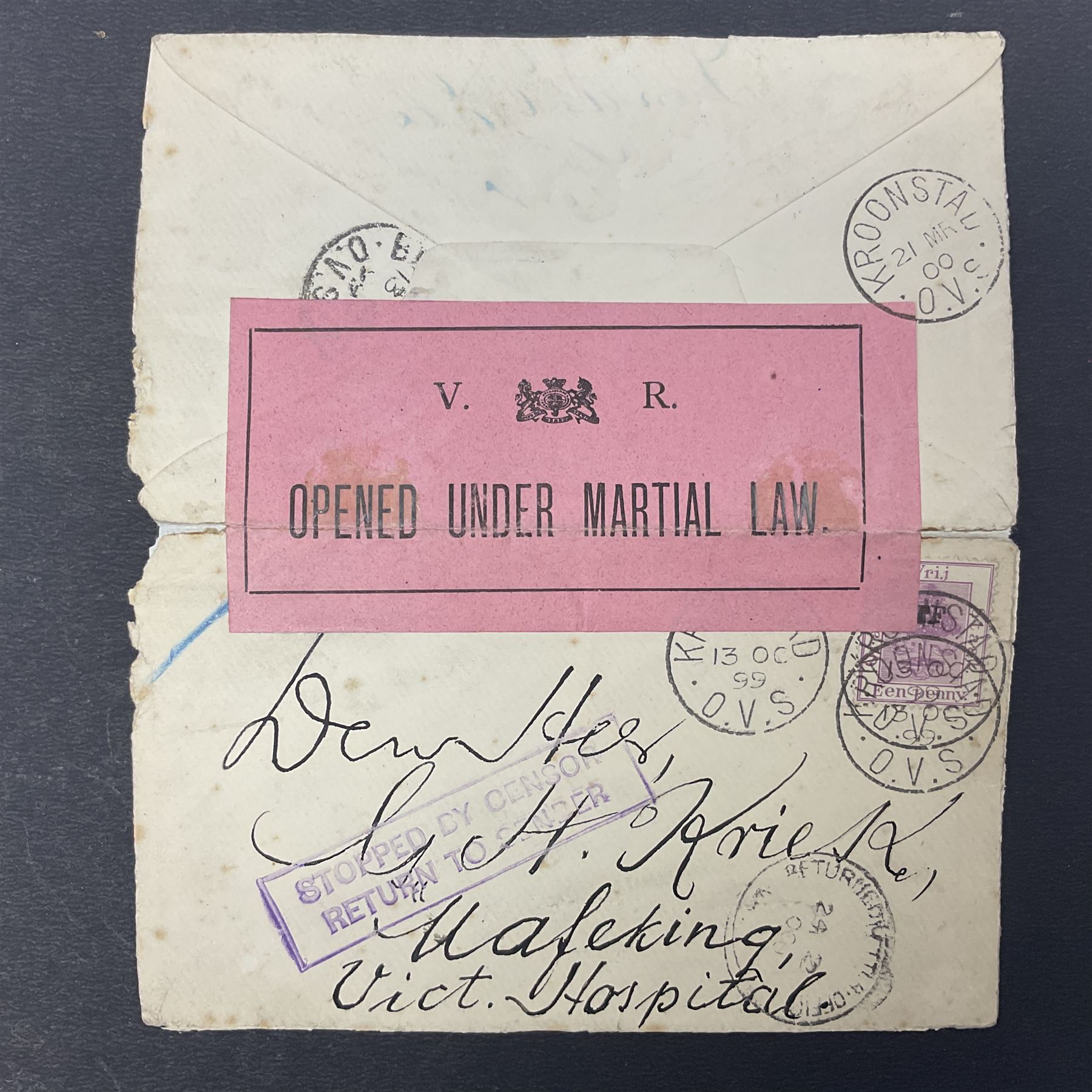South Africa, Orange Free State, partial cover with one penny stamp cancelled with various postmarks 'Stopped By Censor Return To Sender' purple rectangular stamp and 'V R Opened Under Martial Law' pink slip and three telegrams with various stamp values