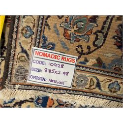 Northwestern Persian Tabriz hand-knotted carpet, the ivory ground with an all-over repeating Herati pattern of stylised palmettes, rosettes and serrated leaves in shades of indigo, terracotta and sky blue, framed by a dark blue border of arabesque vines and scrolling foliage between floral guard stripes, from the region of Tabriz