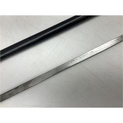 Late 19th/early 20th century Anglo Indian ebony and bone sword stick with 62cm steel blade, brass locking ferrule and lion mask pommel L92 cm.