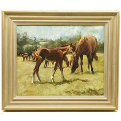 Samuel 'Sam' Marriott (British 1932-1997): Mare and Foal in Pasture, oil on board signed 40cm x 50cm