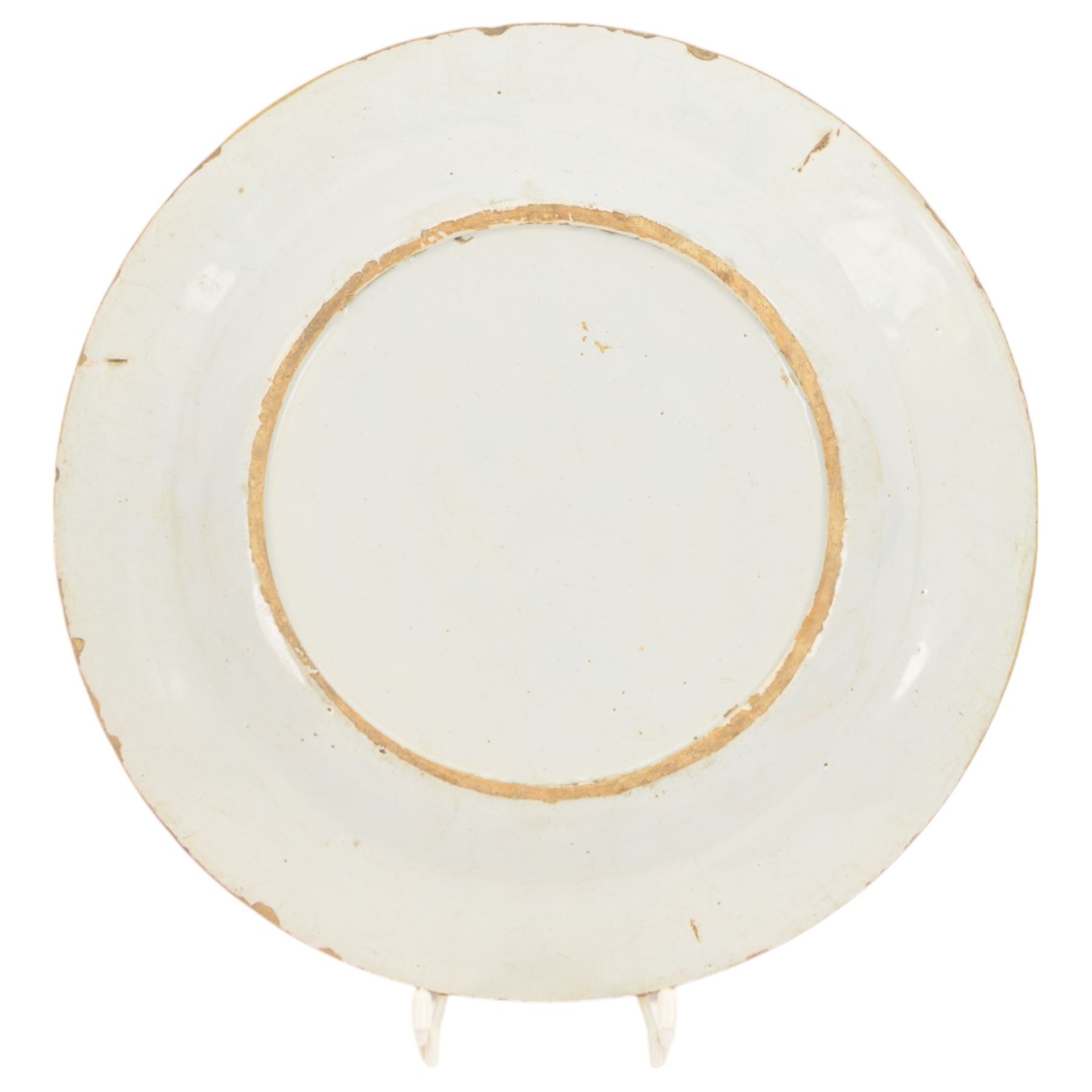 Five 18th century blue and white English and Dutch Delft plates, to include an example probably by the Abigail Griffith Delftworks in Lambeth, London, circa 1765-1775, depicting a landscape scene with house and tree, contained within geometric borders, D23cm, largest example D30cm 