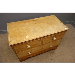  Early 20th century pine chest, two short and one long drawer solid end supports, pierced and shaped apron, W89cm, H69cm, D45cm  