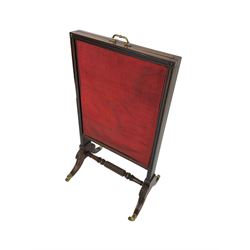 Regency mahogany screen with two horizontal and one vertical pull-out panels, on base with carved sabre legs and rope-twist stretcher