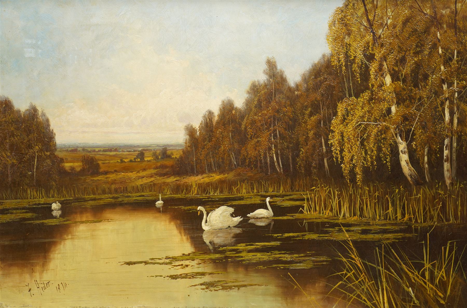 Frank Hider (British 1861-1933): Lake Landscape with Swans, oil on canvas signed and dated 1894, 50cm x 75cm