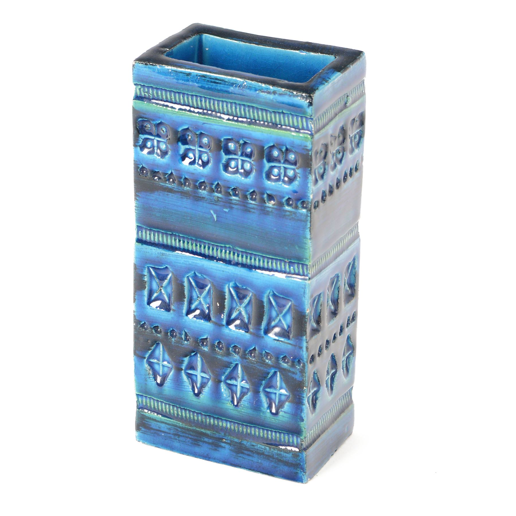 Bitossi pottery Rimini Blu vase, 1970s, designed by Aldo Londi, of rectangular form, with impressed details, with painted marks beneath, H18cm