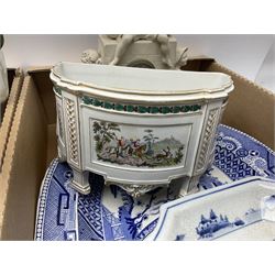 Three Staffordshire style dogs, together with six Poole Pottery side plates, an EPNS hand mirror, mantle clock, large blue and white Willow pattern platter and a collection of other blue and white ceramics, etc, in two boxes