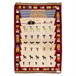 South West Persian Qashqai pictorial flatweave kilim, ivory field decorated with rows of s...