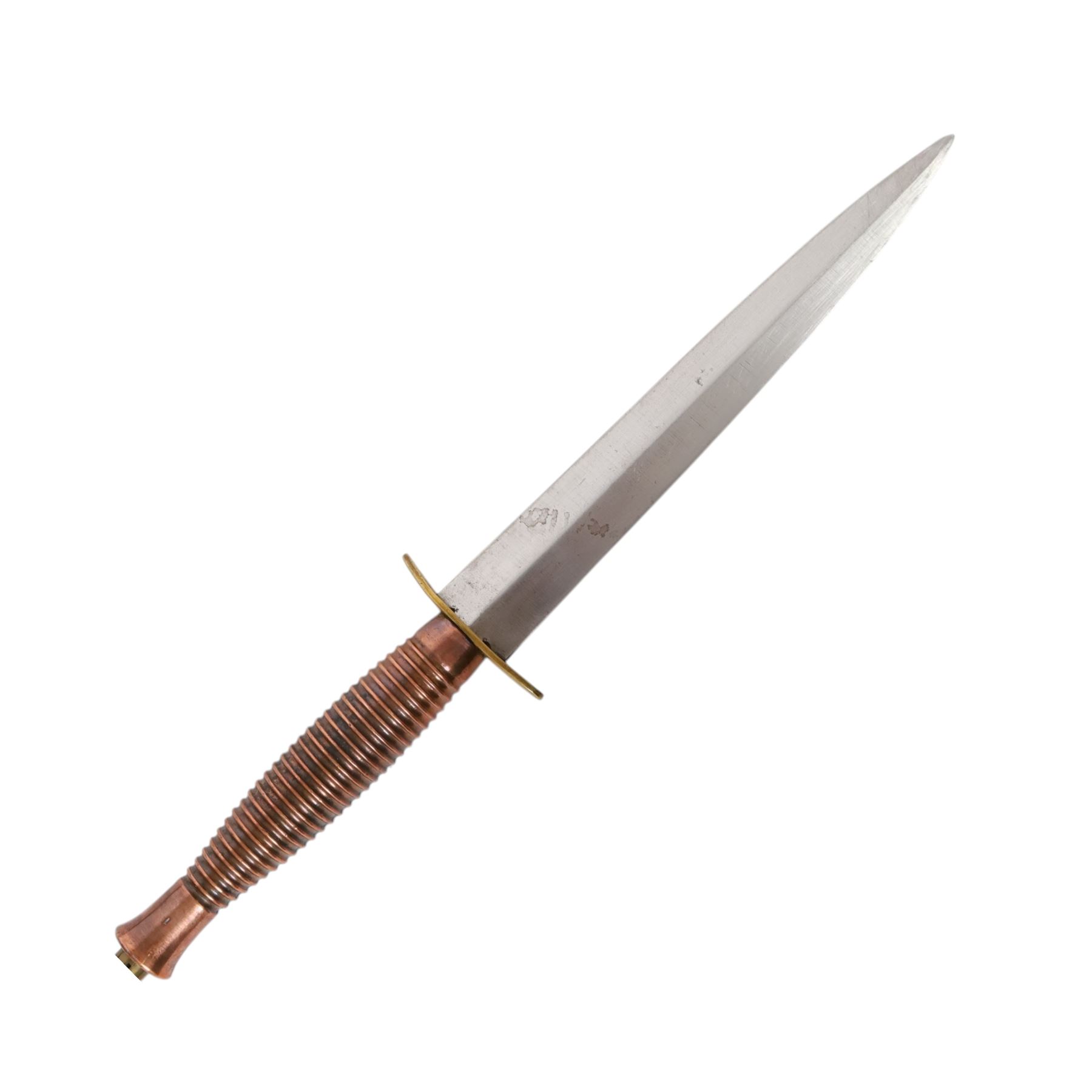 British Commando knife, with 17.5cm double edged blade, with leather scabbard, overall L31cm