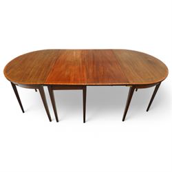 George III and later mahogany extending dining table, two D-ends, central drop-leaf table and loose leaf, satinwood banded tops, on square tapering supports with boxwood stringing