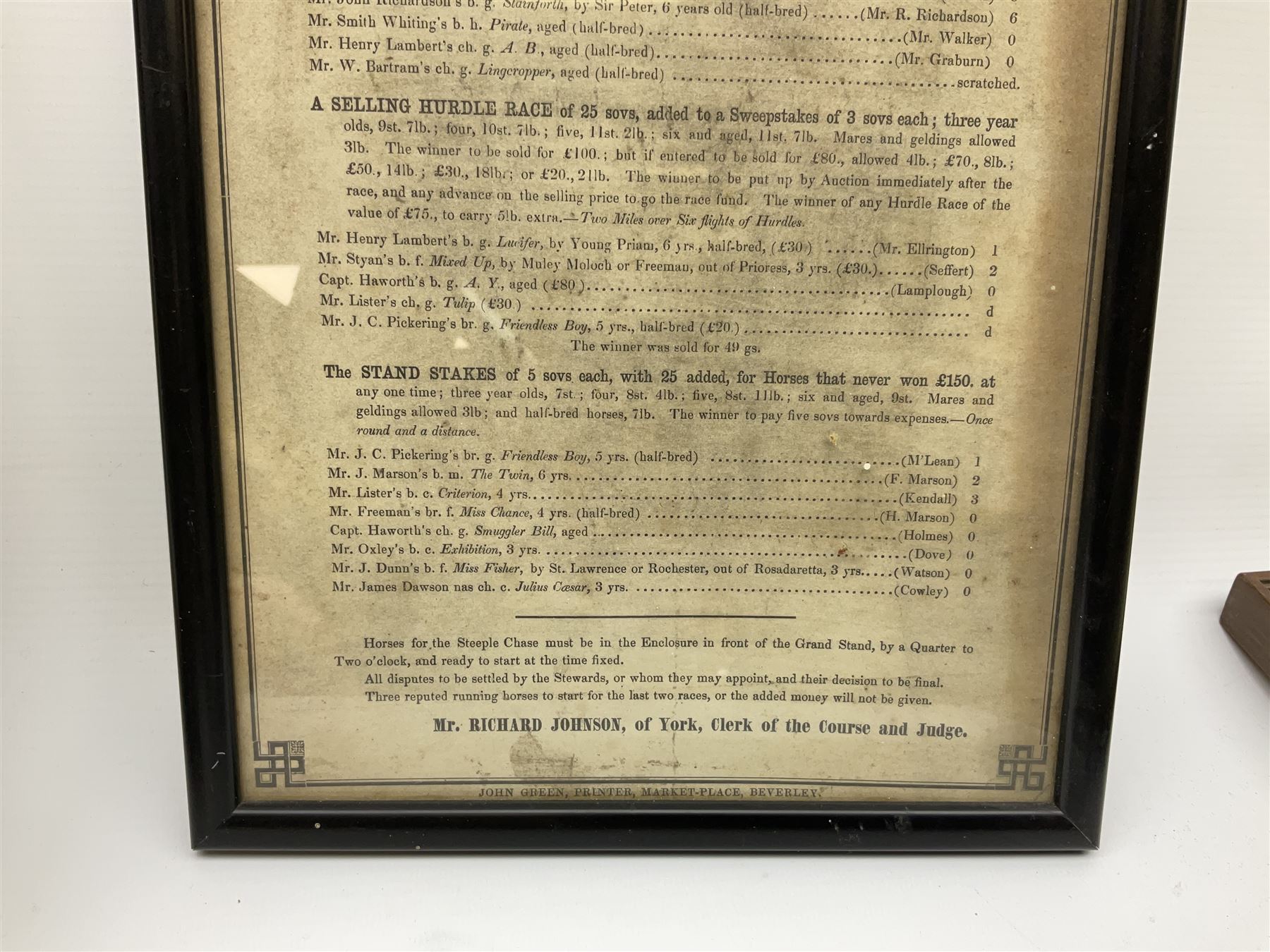 Two 19th century Beverley Race posters - 11th/12th May 1842 with vignette of a horse race 35 x 23cm; and 17th March 1854; each in ebonised frame; together with 'Notice of Poll .... Beverley No.5 Ward' 6th May 1976 78 x 43cm in mahogany stained frame (3)
