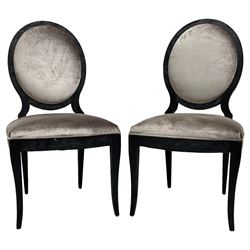India Jane Interiors - Pair of French design cameo back dining chairs, upholstered in silver velvet fabric ebonised frame, on square tapering supports with splayed feet - ex-display/bankruptcy stock 