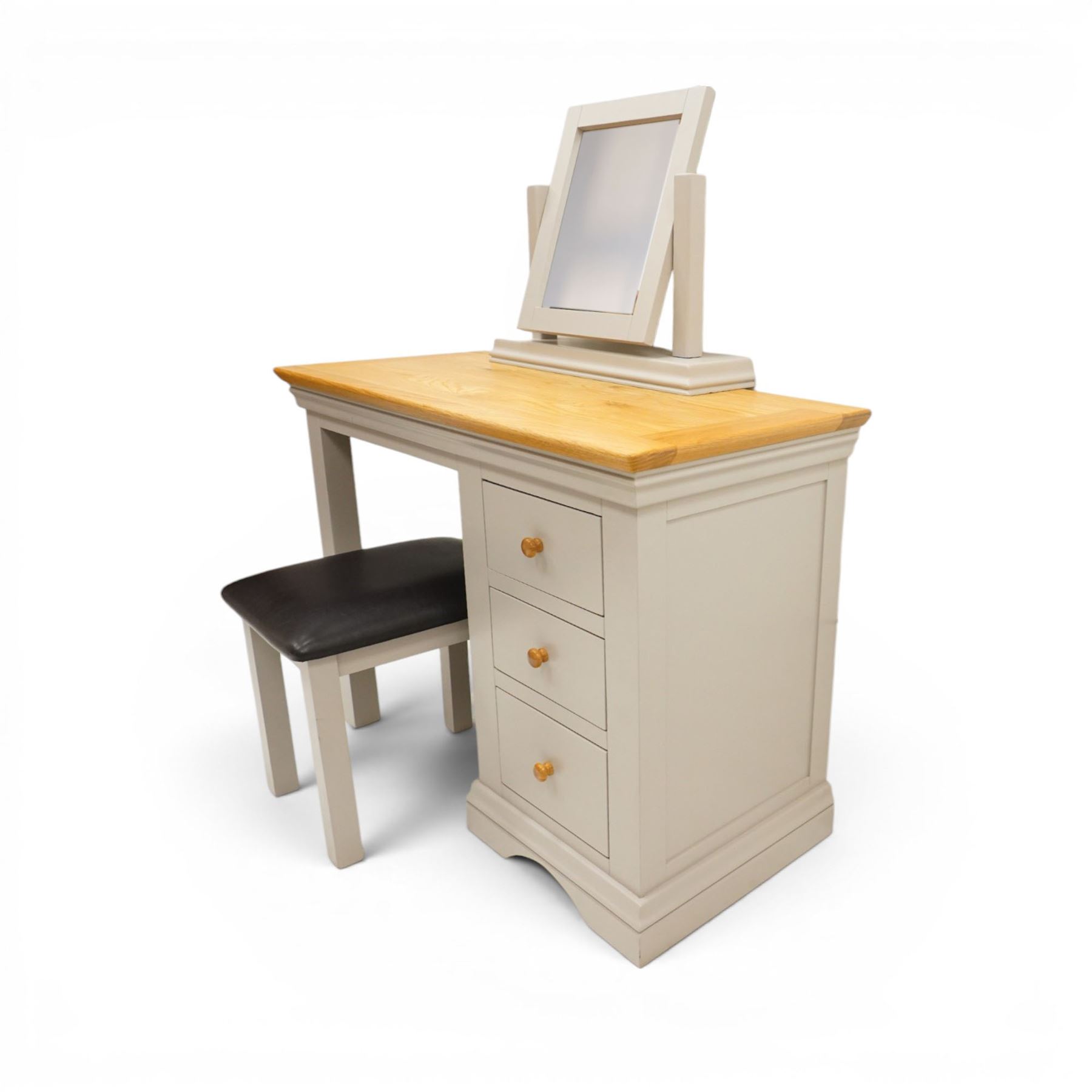 Modern bedroom suite comprising; a dresser, blanket box, bedside table, oak tops over a pale blue with wooden turned knobs

Dresser (H 77cm, D 48cm, W 107cm)
Blanket box (H 51cm, D 48cm W 91cm)
Bedside table (H 64cm, D 39cm, W 54cm)
