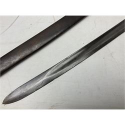 Italian M1833 Sabre with slightly curving 79cm fullered steel blade, the plain steel hilt with 'D' shaped knuckle bow, langets and wire-bound leather grip; in steel scabbard with single hanging ring L101cm overall