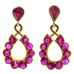  Pair of gold ruby horseshoe pendant ear-rings  