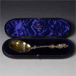 Late Victorian apostle topped sifting spoon, the finial depicting St Christopher, with ent...