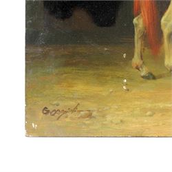 After Jean-Léon Gérôme (French 1824-1904): The Saddle Bazaar - Cairo, oil on panel indistinctly signed 30.5cm x 40.5cm; F Piranesi after Oriental School (19th century): Arabian Warrior on Horseback, oil on panel signed 40.5cm x 30.5cm (2) (unframed)