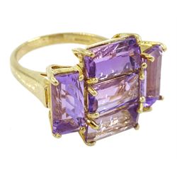 9ct gold five stone baguette cut amethyst ring, hallmarked