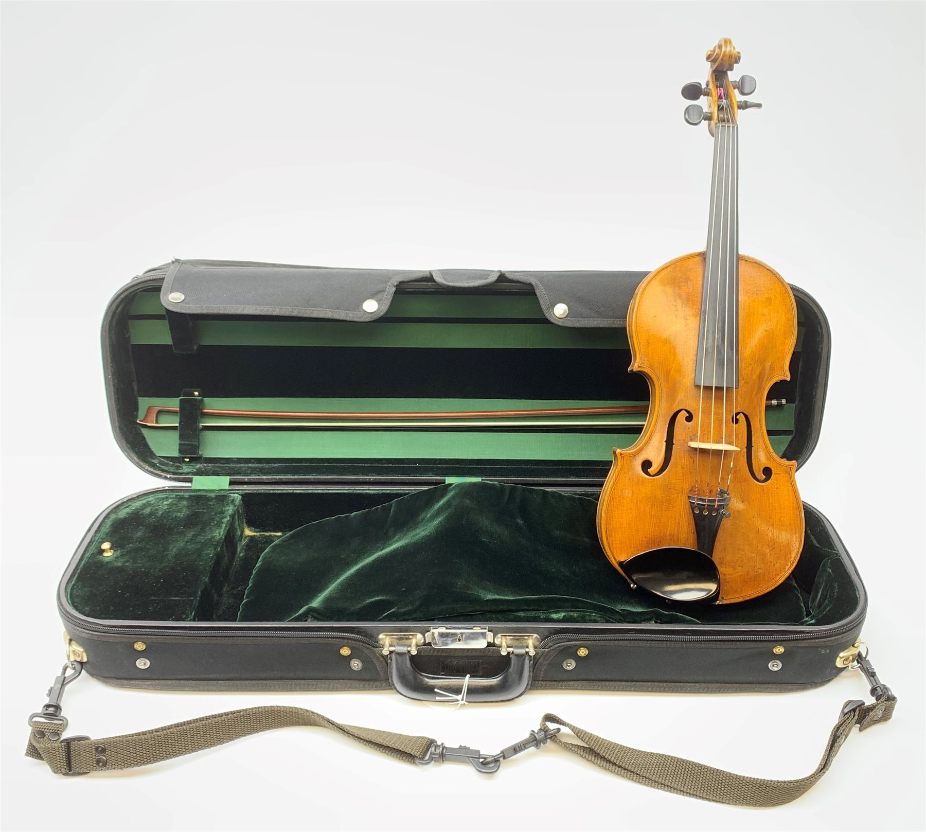 Late 19th century continental violin, possibly Italian, with 36cm two-piece maple back and ribs and spruce top, bears label 'Antonius Stradivarius Anno 1721', 60cm overall; in modern carrying case with silver mounted pernumbuco bow
