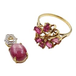 Gold ruby and diamond pendant and a gold pink stone set ring, both hallmarked 9ct