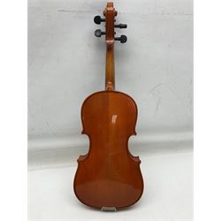 Four student violins - two Chinese three-quarter size with 33.5cm and 34cm two-piece backs; Stringers of Edinburgh quarter size with 28cm two-piece back; and Stentor quarter size with 28cm two-piece back; each in carrying case (4)