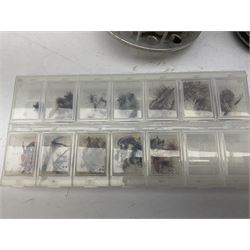 Fishing tackle, including 'The Gnat' fly reel, Alvey 4 1/2 inch reel, Paramount 4 1/2 inch reel, other fishing reels, various fishing flies and other similar items in a carry bag 