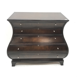 French style inlaid mahogany bombe shaped chest, five graduating drawers, shaped plinth base, W120cm, H103cm, D63cm