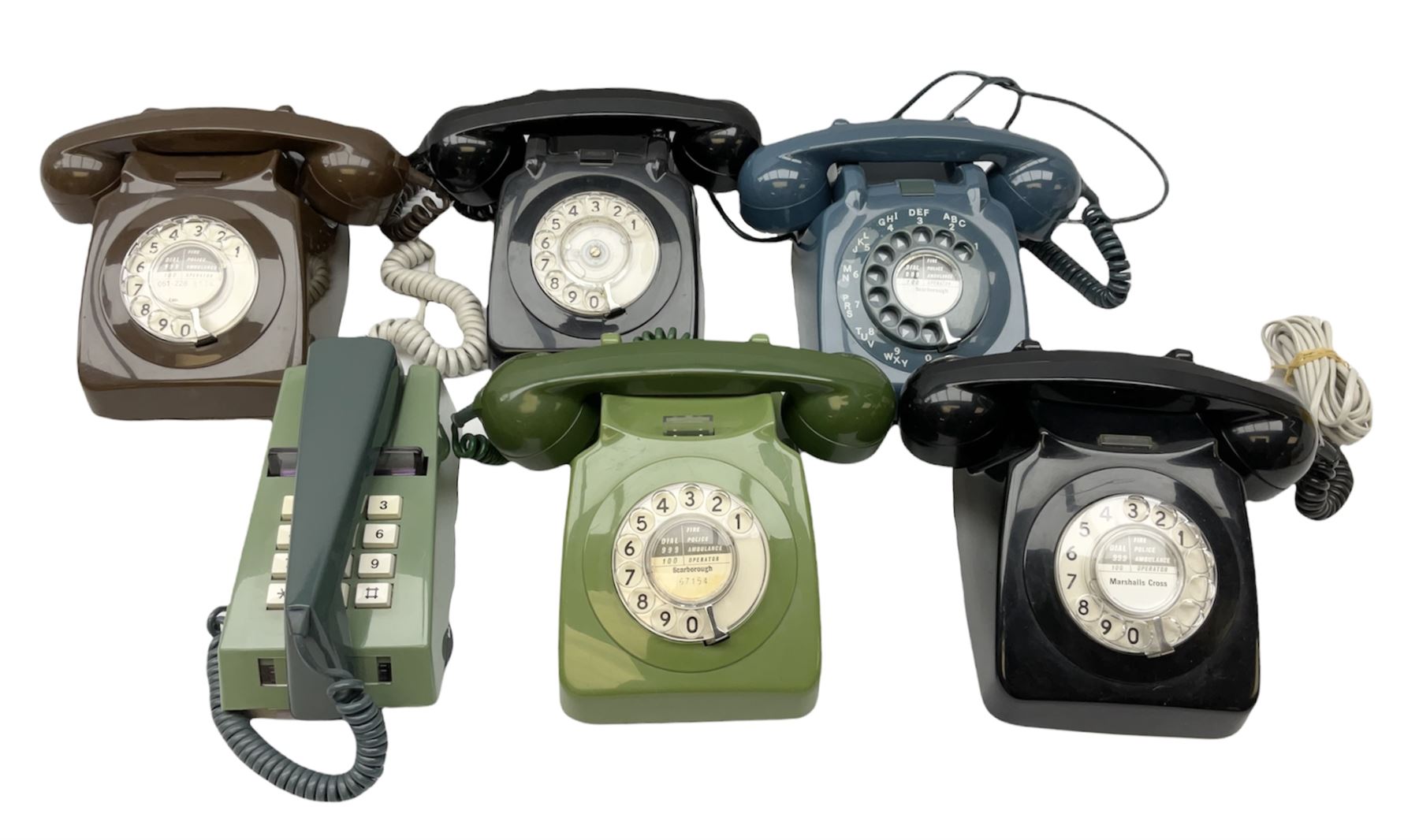 Collection of six vintage telephones, including a trimphones telephone