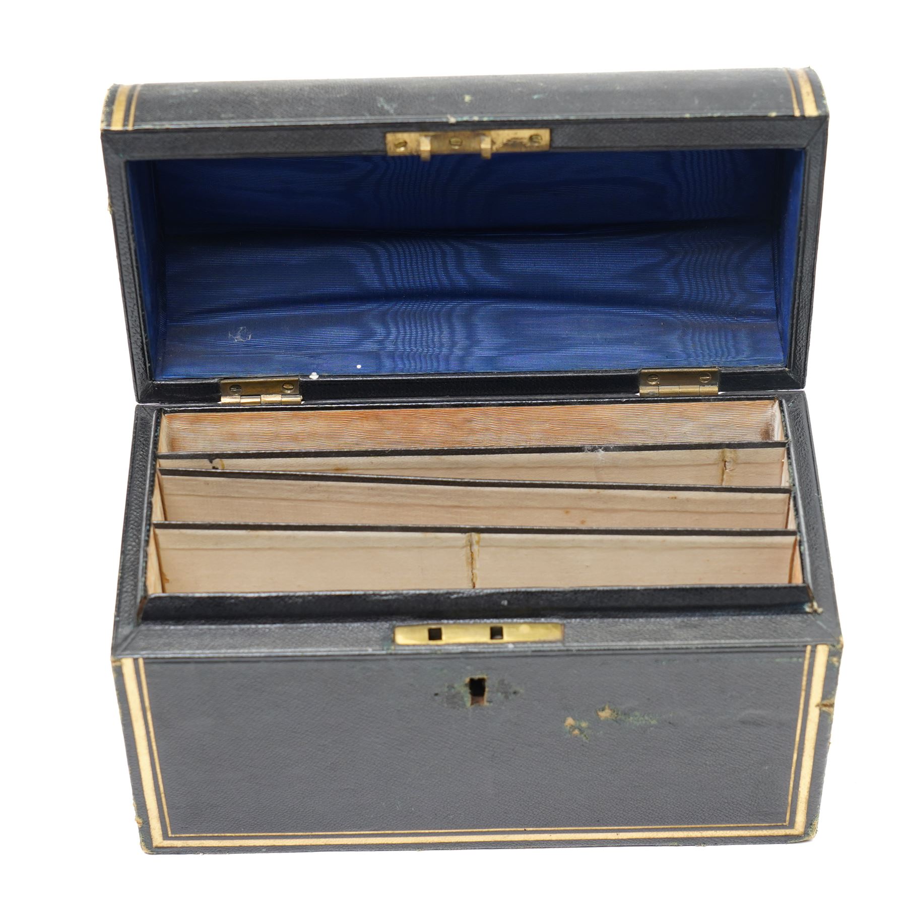 Victorian tooled leather dome top stationery casket by Parkins & Gotto, 24 & 25 Oxford St  with watered silk interior L21cm , another dome top casket and a lancet top casket (3) 
Provenance: property of a Nobleman