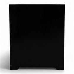 20th century Japanese Shibayama style black lacquered cabinet, rectangular form decorated with mother-of-pearl and hardstone figural inlay, the top with four standing figures, single frieze drawer above two cupboard doors, gilt painted borders and landscape