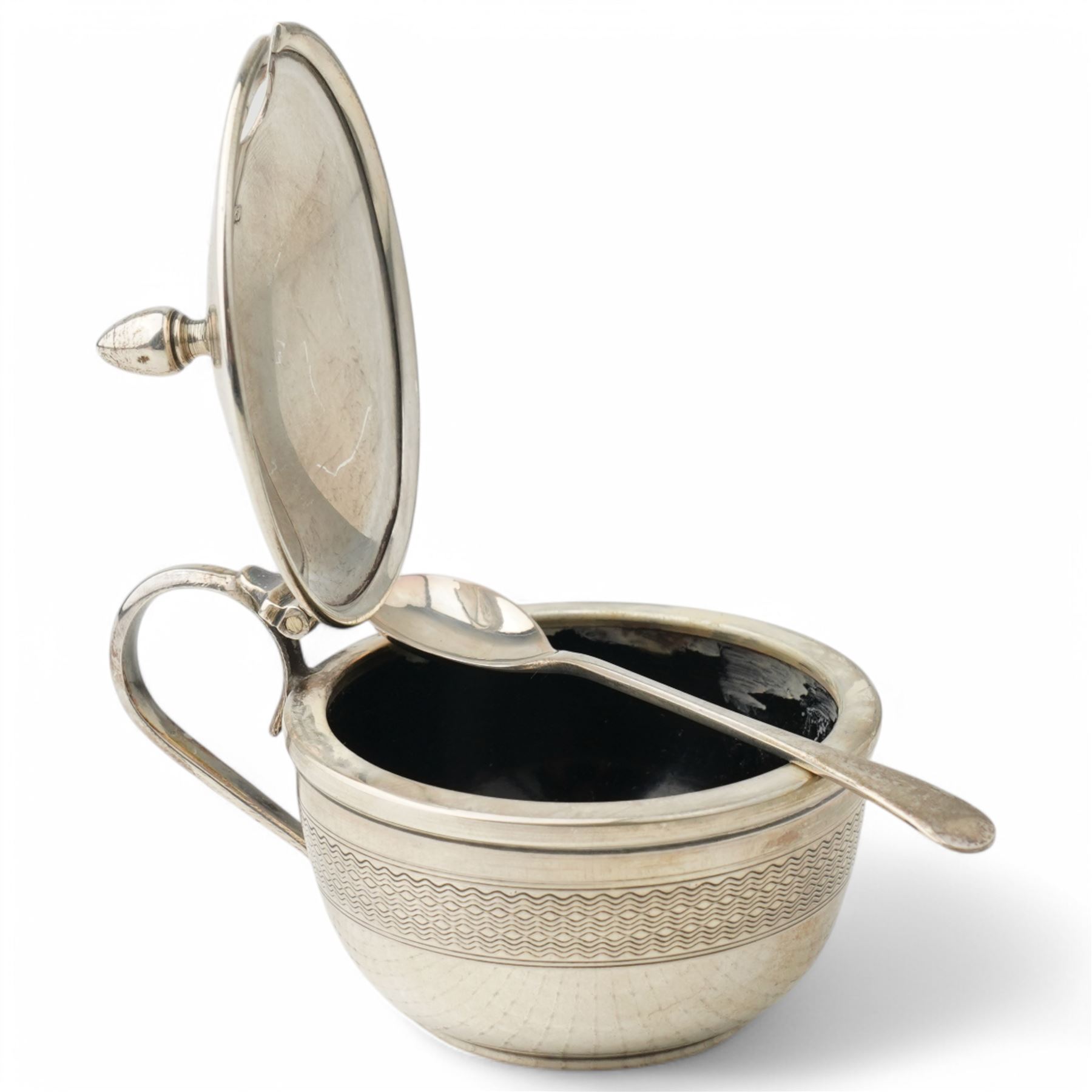 Silver five piece condiment set comprising pair of salts, pair of pepperettes and mustard pot together with three spoons Birmingham 1933 Maker Joseph Gloster Ltd