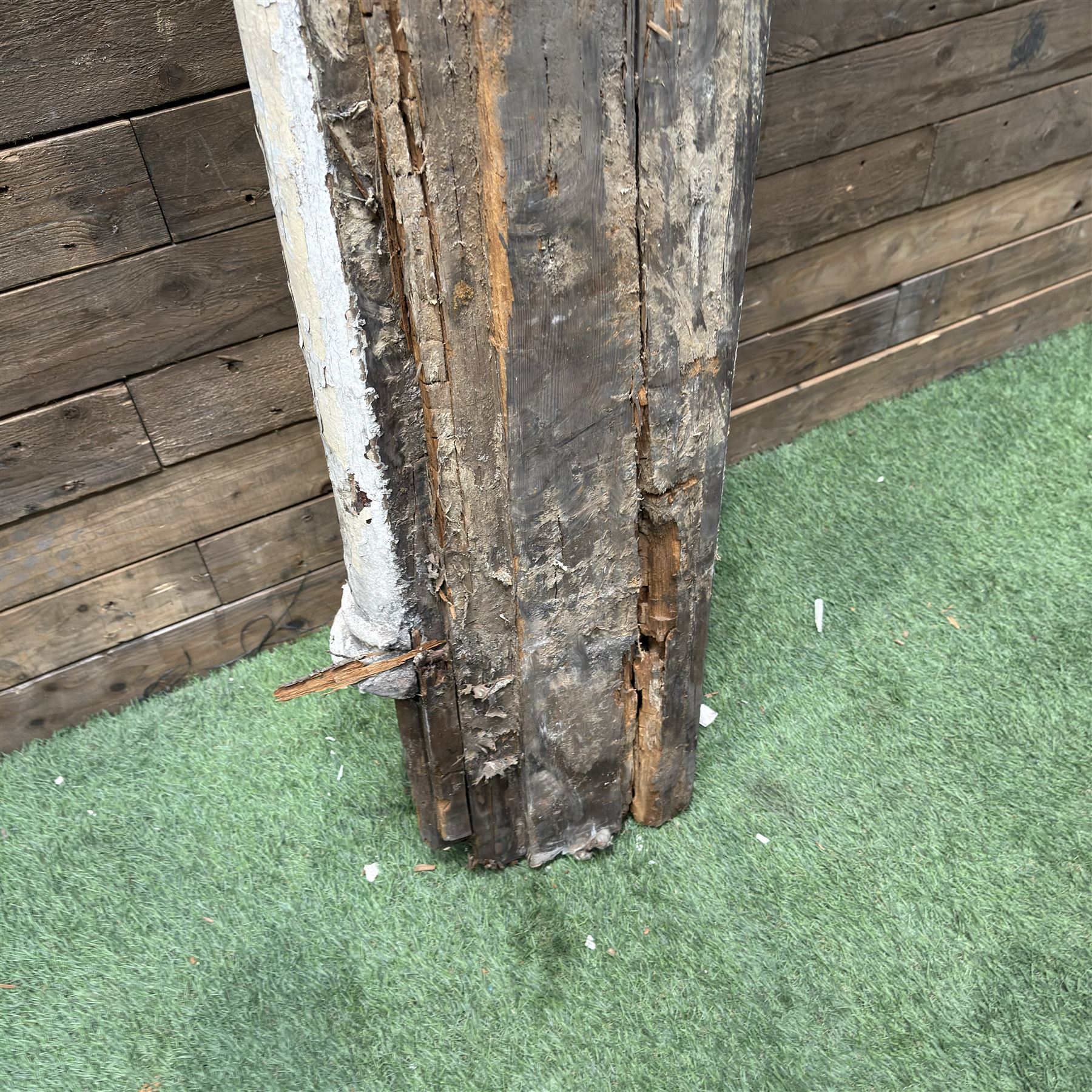 Large 19th century painted pine club shaped column, carved capitals with a cluster of three circular supports, flat back