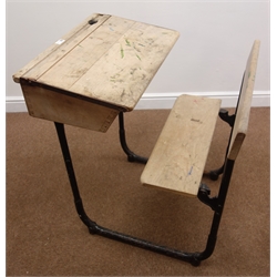  Vintage school desk, hinged lid and seat, W62cm, H82cm, L74cm  