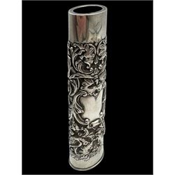 Group of silver, including glass jar with silver lid, pierced pin tray, vase sleeve and two silver lids, all hallmarked 