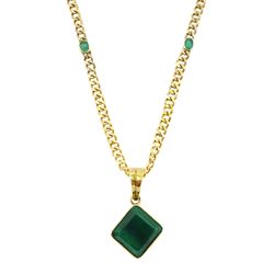 Gold single stone square cut emerald pendant, on gold curb link chain necklace set with two oval cut emeralds, both 9ct, emerald approx 12.00 carat