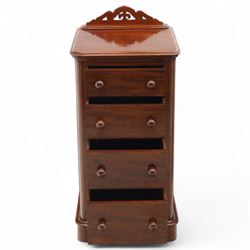 Pair of tall Victorian mahogany bedside chests, of narrow upright form, rectangular top with moulded edge, the back with raised pierced fretwork gallery, above four graduated drawers with knob handles, raised on a plinth base 