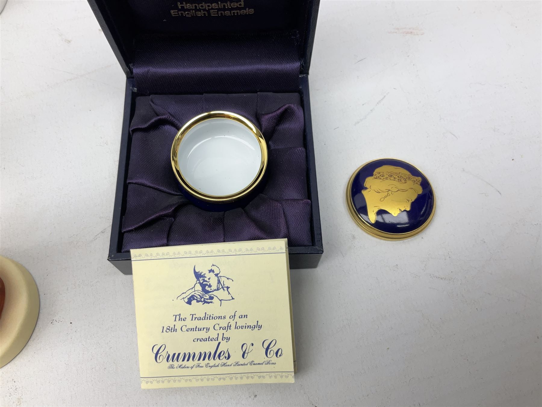 Pair of cased Boots Ascot binoculars, 10 x 50, Elizabeth & Phillip diamond wedding anniversary limited edition coin first day cover, Diana stamps, Cummles boxed Queen Elizabeth II enamel box, four Goebel Hummel figures, other ceramics and metal ware etc