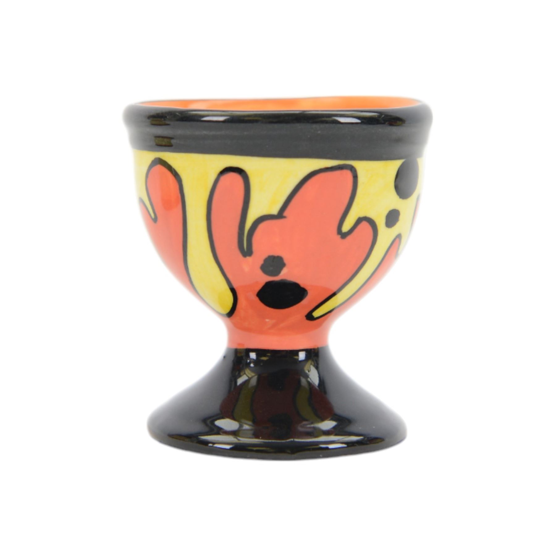 Lorna Bailey ceramics, including Oldcourt Ware jug, Bauhaus pattern wall pocket, cat figure and egg cup, all decorated in black, red, yellow and orange abstract patterns, wall pocket H18cm