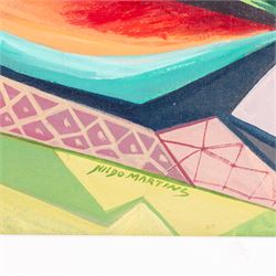 Nildo Martins (Brazilian 1948-): Abstract Fruit in Landscape, oil on board signed 39cm x 59cm 