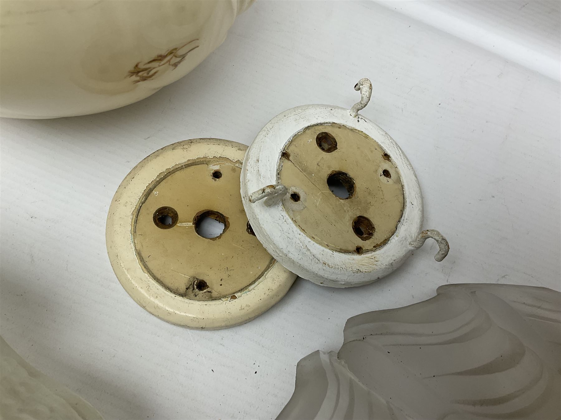 Two Art Deco mottled glass fly catcher ceiling light shades, together with two other 1930s moulded glass ceiling light shades and two Victorian style wash jugs, largest shade D33cm