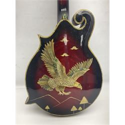 Eastern eight-string mandolin with red sunburst finish and mother-of-pearl inlay of eagles, clouds, trees etc L86cm; in fitted hard carrying case