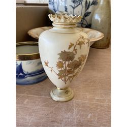 Pair naturalistically modelled spill vases by Moore Bros, Worcester blush ivory vase decorated with gilt and floral sprays (a/f), wash jug decorated with blue floral sprays upon plain ground, figures and assorted other ceramics 