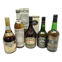 Mixed alcohol comprising Harveys Medium Dry Sherry, 70cl, one bottle, Croft Original Fine Old Pale Cream Sherry, 70cl, one bottle in box, Martini Extra Dry Vermouth, 90cl 18% vol, one bottle in box, Cockspur Barbados V.S.O.R Fine Rum, one bottle, and Baileys Irish Cream, 1l, one bottle (5)