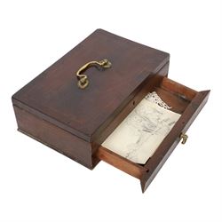 Victorian papier mache blotter folder hand painted floral detail the other with mother of pearl inlaid detail, together with an artist's painting box, the hinged lid opening to reveal a tray of ceramic paint cup, with draw beneath, artist box H8cm, L24cm