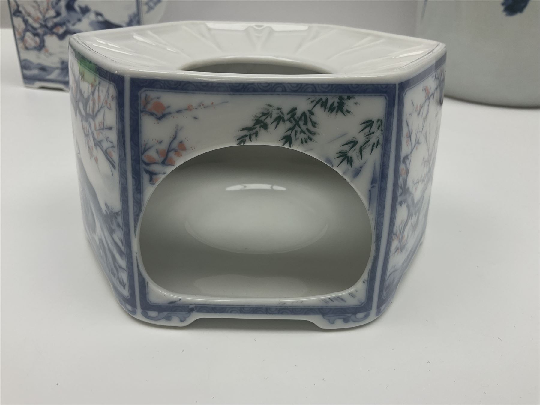 Chinese vase, decorated with vines and grapes and signed beneath, together with Chinese tea set of hexagonal form, comprising teapot and stand and six cups, vase H30cm