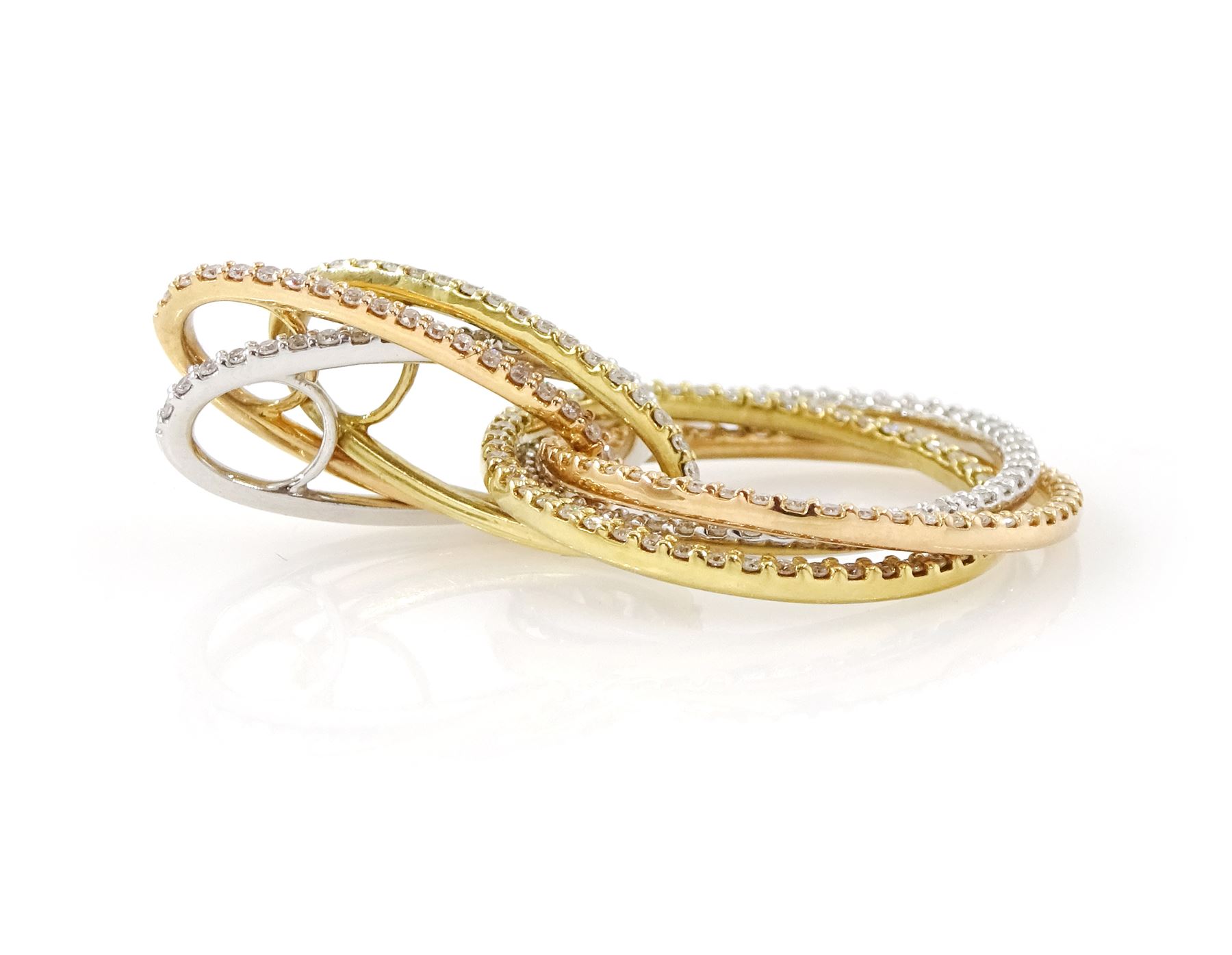 18ct tri-coloured gold diamond circular pendant, white, yellow and rose gold links each set with round brilliant cut diamonds, hallmarked