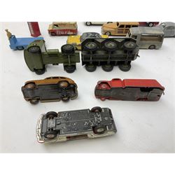 Dinky/Corgi - twenty-nine unboxed and playworn die-cast models including Mobilgas Tanker, two BEV Trucks, Aveling-Barford steam roller, Coventry Climax fork-lift, Hudson Hornet, Vanguard, Post Office Telephones Van, Royal Mail Van etc